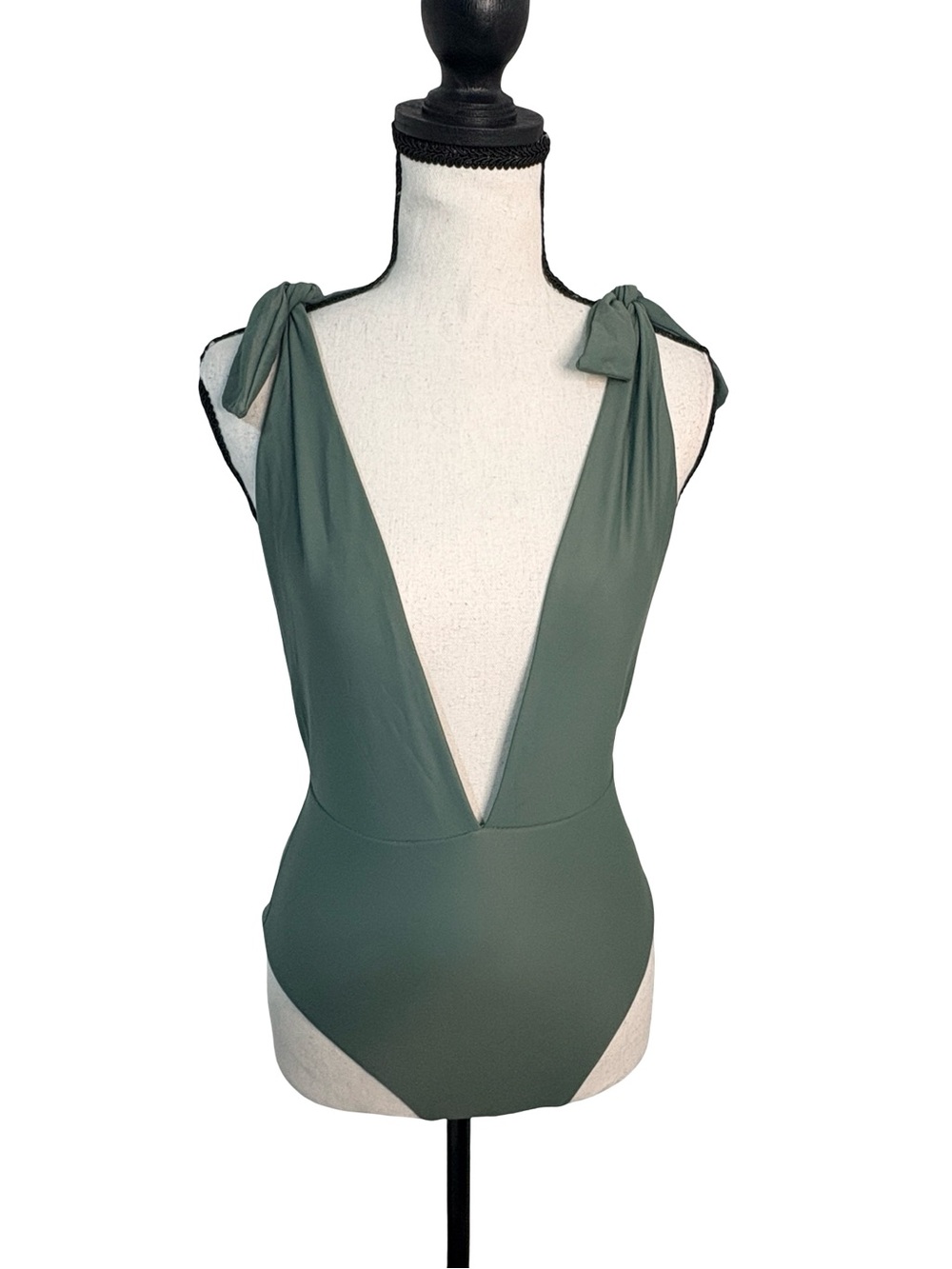 Aerie Super V One Piece Swimsuit Olive Green Tie Shoulder M